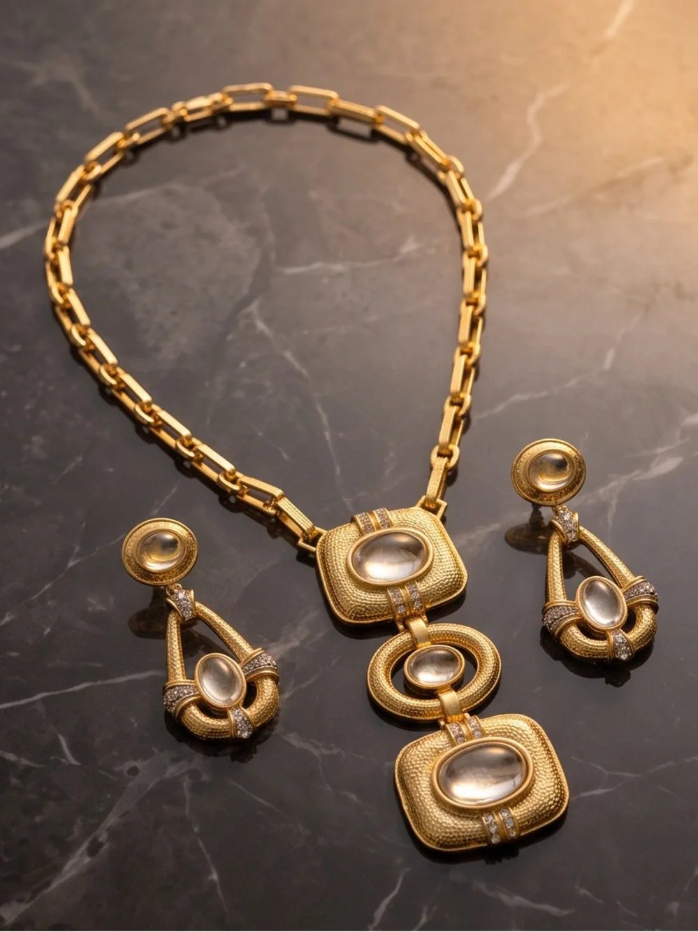 Gold-Tone Textured Necklace and Drop Earring Set with Cabochon Centers